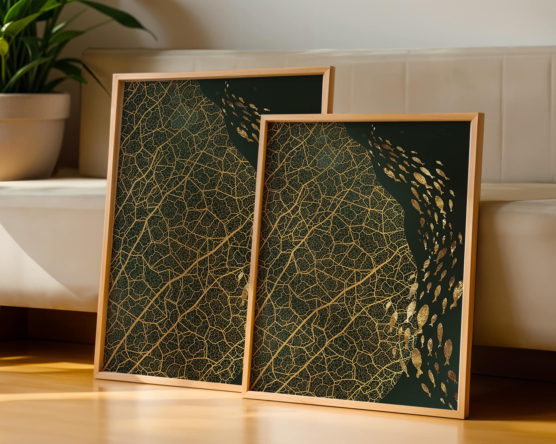 Hoja abstracta con patrón geométrico y siluetas de peces