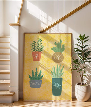 Illustrated potted plants on textured yellow background