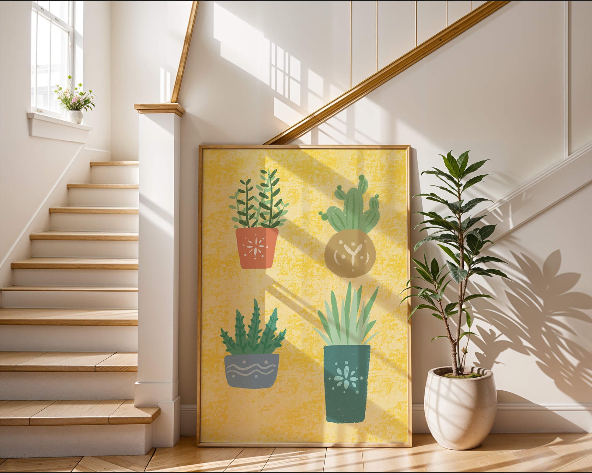 Illustrated potted plants on textured yellow background