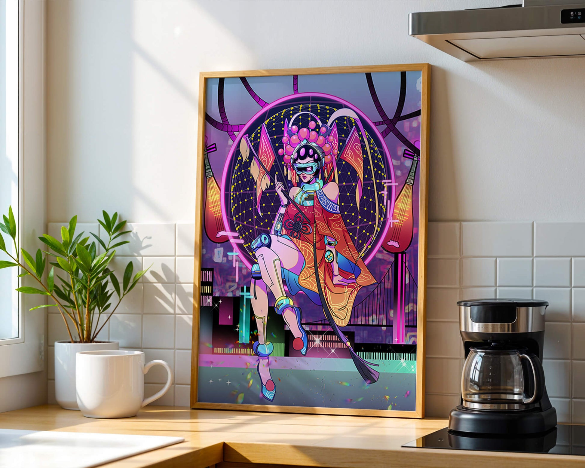 Futuristic geisha with neon lights and traditional elements