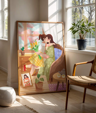 Mother and Daughter Embracing by the Window with Flowers