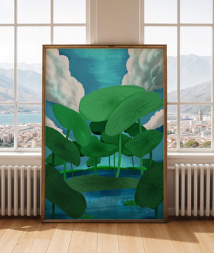Serene landscape with lush green leaves and blue horizon