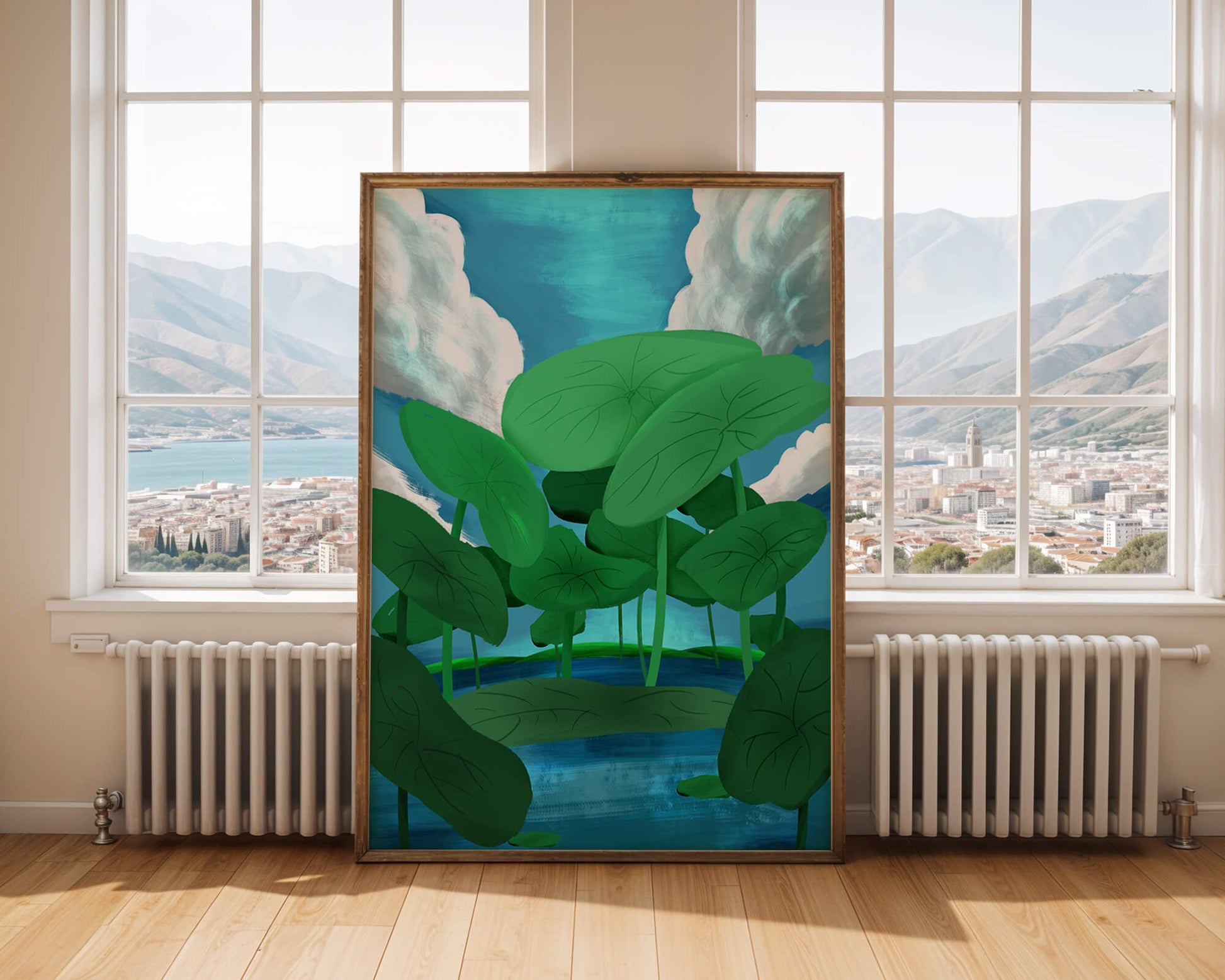 Serene landscape with lush green leaves and blue horizon