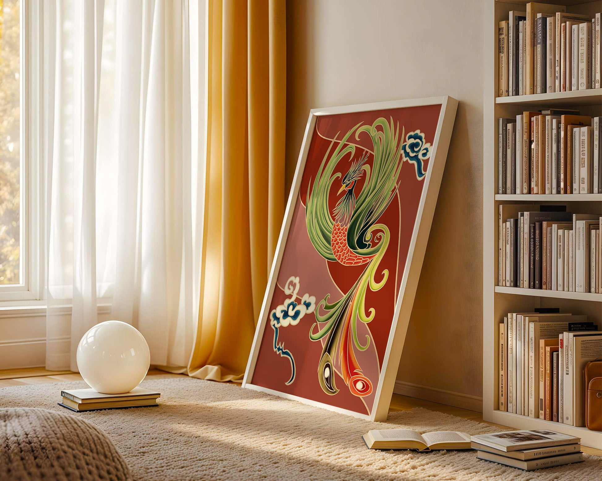 Stylized phoenix illustration with vibrant colors and clouds