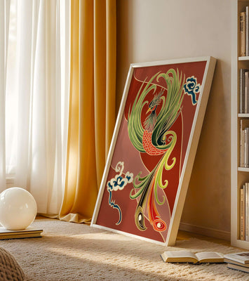 Stylized phoenix illustration with vibrant colors and clouds
