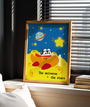 Colorful cartoon airplane with stars and planets in space