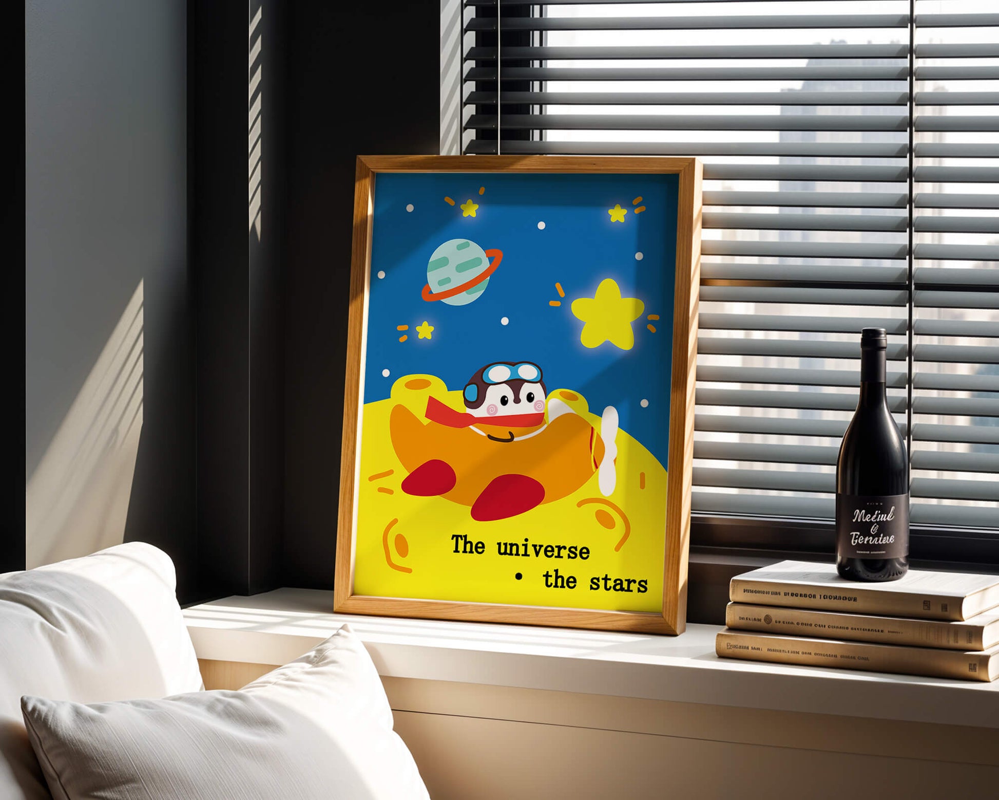 Colorful cartoon airplane with stars and planets in space