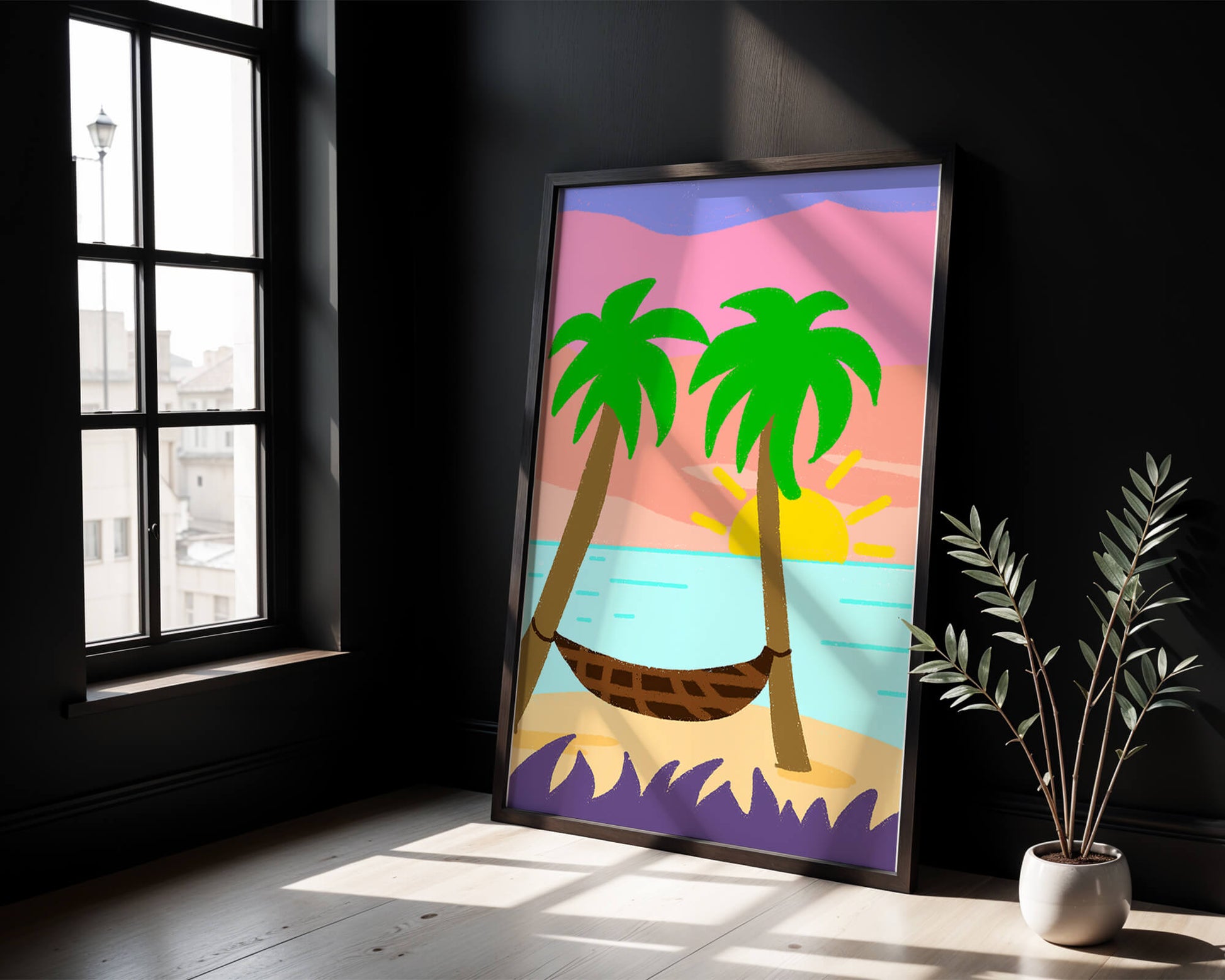 Tranquil beach scene with hammock and sunset