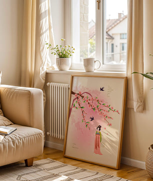 Art chinois traditionnel avec des fleurs de cerisier et une silhouette élégante