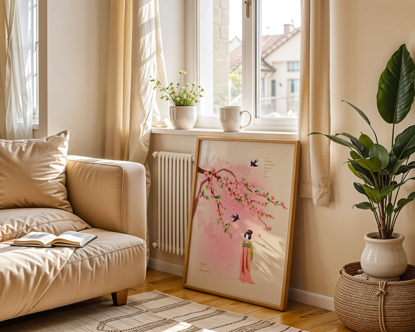 Traditional Chinese art with cherry blossoms and elegant figure