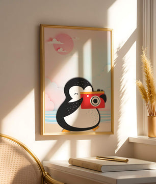 Whimsical penguin illustration with a camera on a pastel beach