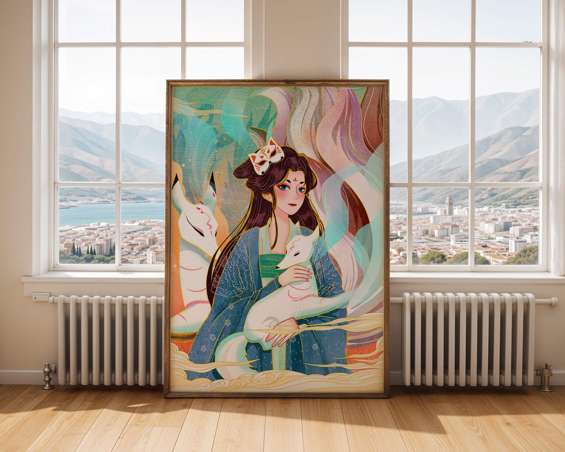 Woman with foxes in a mystical fantasy scene