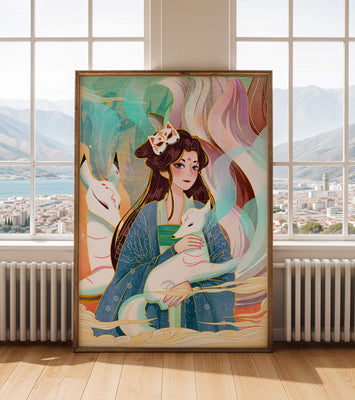 Woman with foxes in a mystical fantasy scene