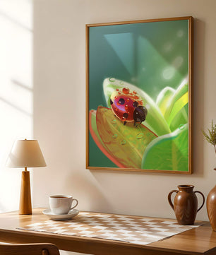 Ladybug on Leaf with Dew Drops in Serene Nature Setting - Mi tienda