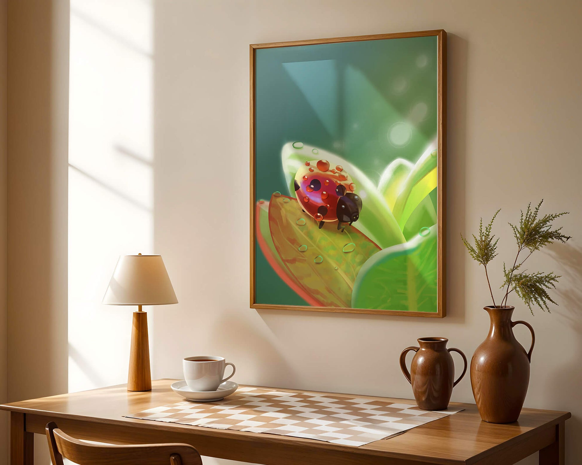 Ladybug on Leaf with Dew Drops in Serene Nature Setting