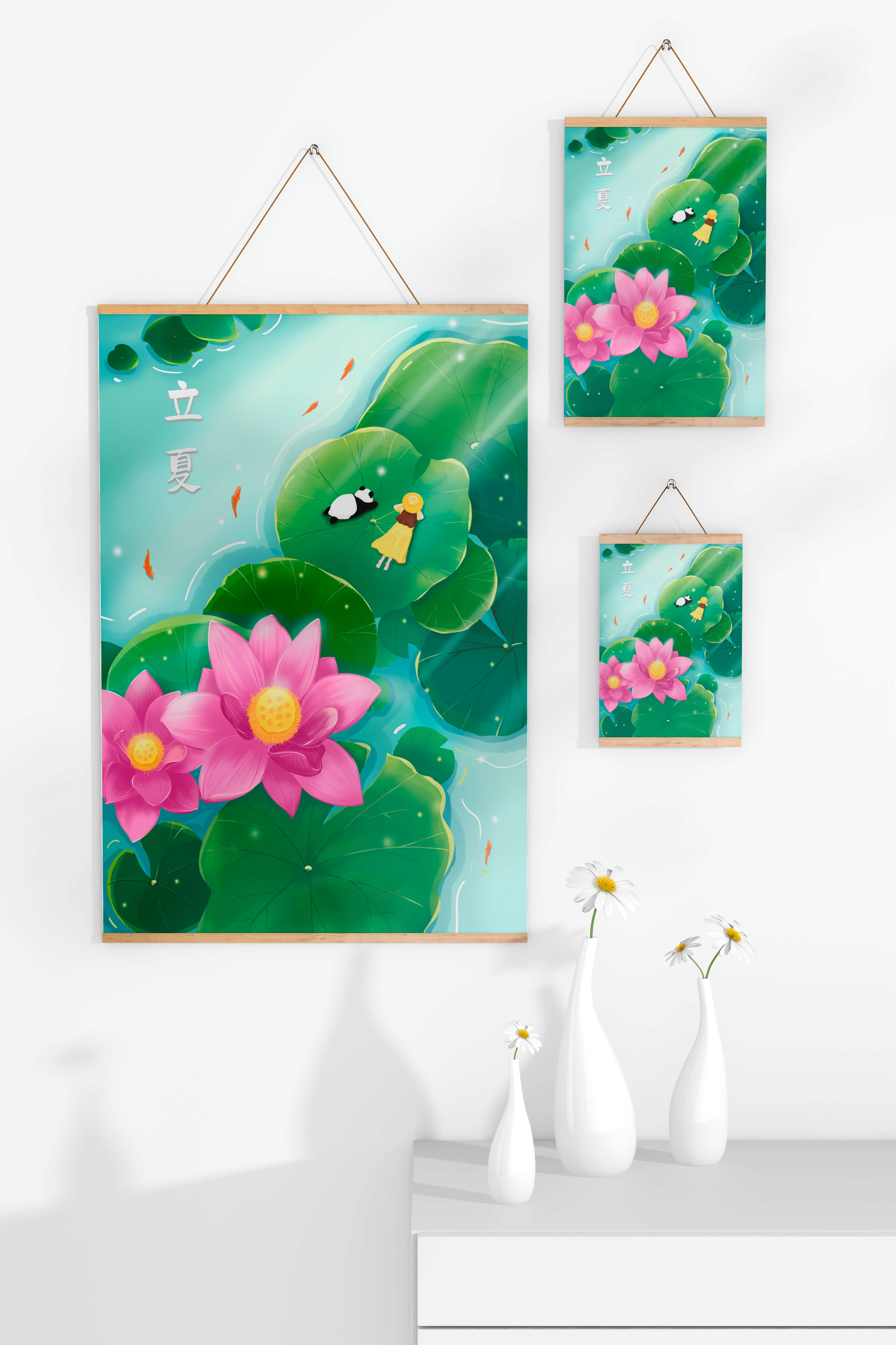 Girl and Panda Relaxing on Lily Pads with Pink Lotus and Goldfish