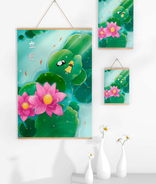 Girl and Panda Relaxing on Lily Pads with Pink Lotus and Goldfish