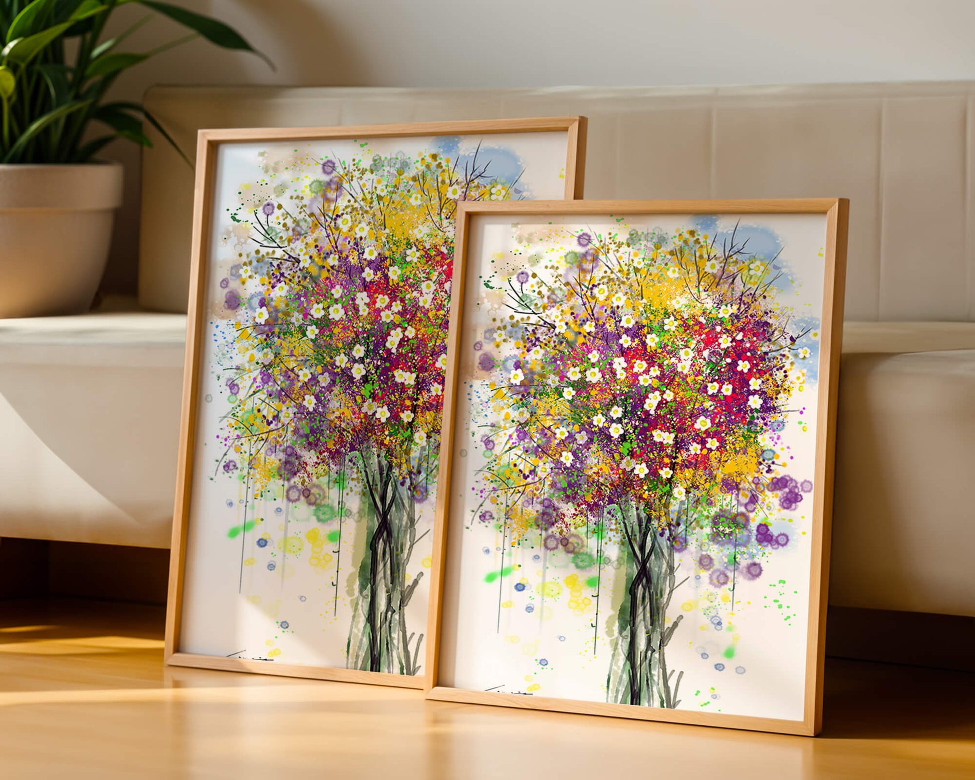 Abstract expressionist floral tree with vibrant colors