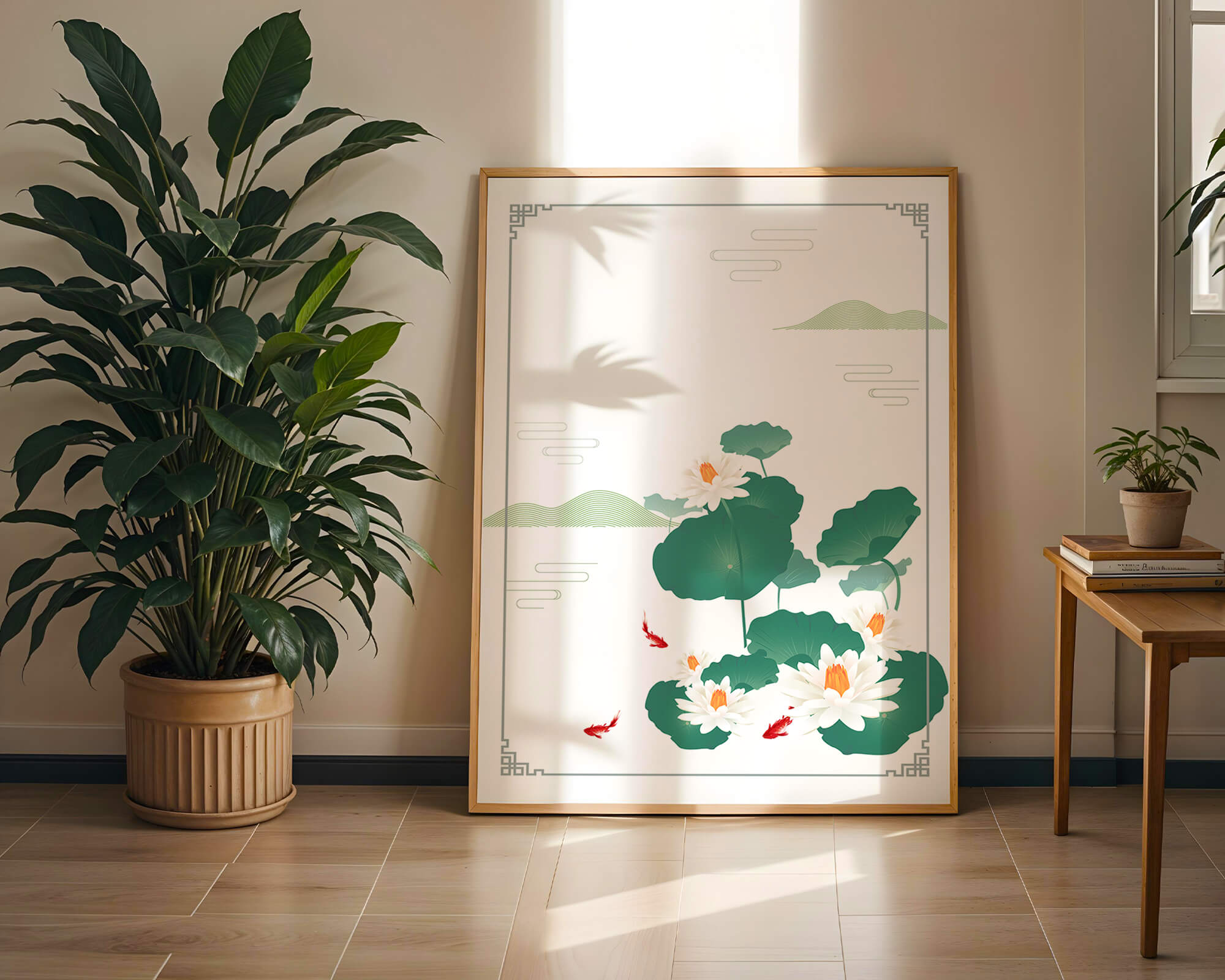 Elegant lotus and koi fish illustration with oriental design elements
