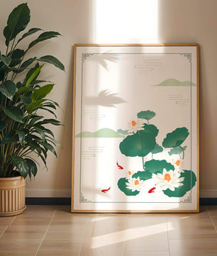 Elegante Lotus- und Koi-Fisch-Illustration mit orientalischen Designelementen