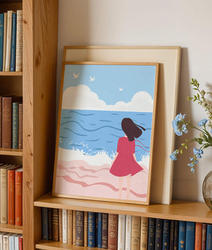 Serene seaside illustration with a girl in a pink dress gazing at the ocean