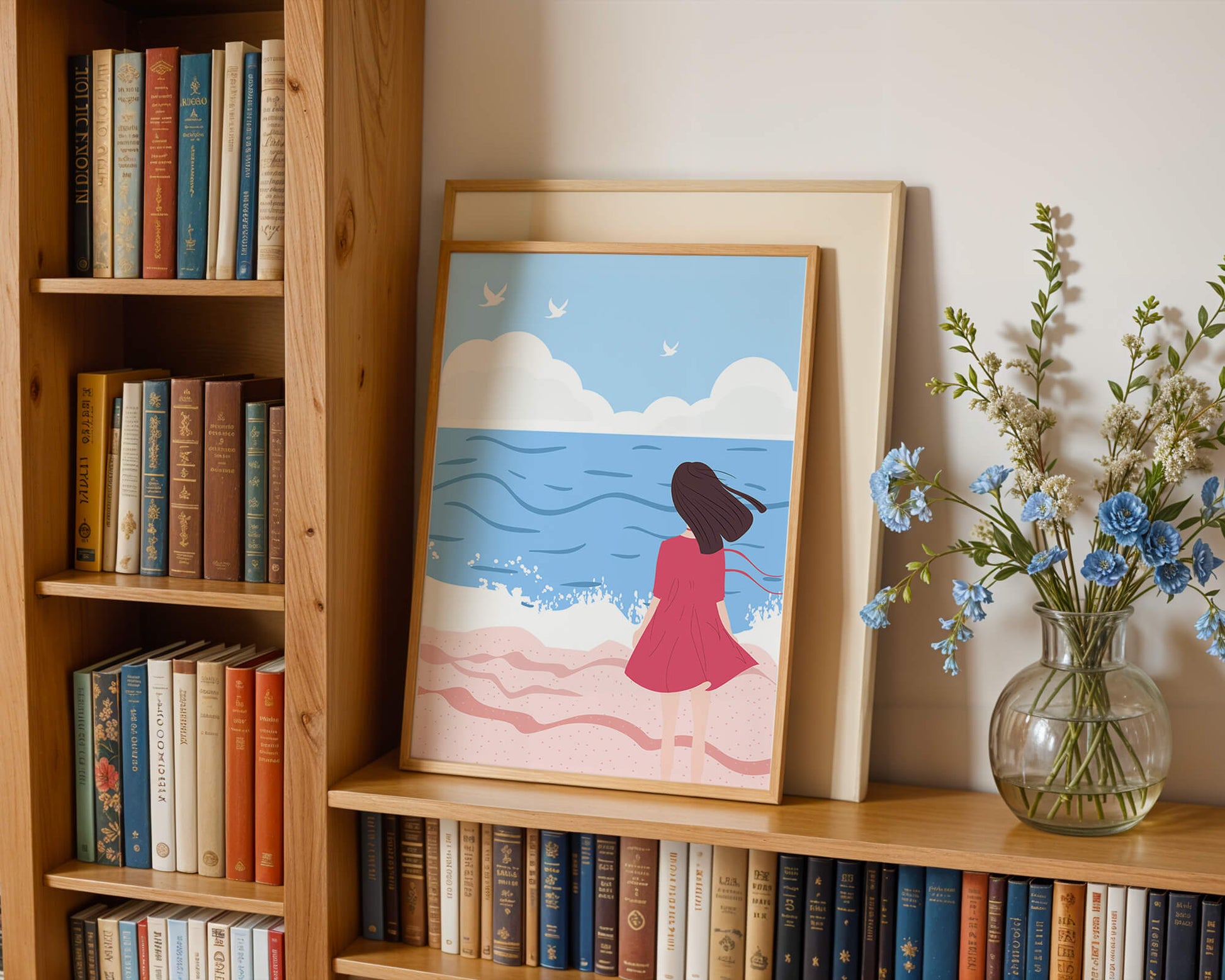 Serene seaside illustration with a girl in a pink dress gazing at the ocean