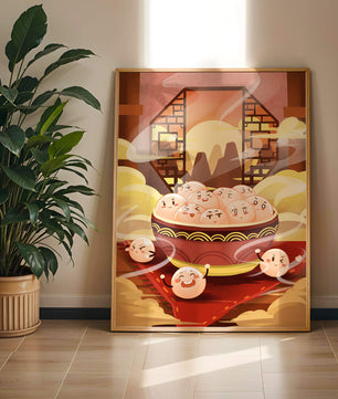 Dumplings de dibujos animados encantadores en un cuenco decorativo en medio de la niebla