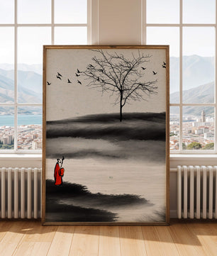 Monje contemplativo con pájaros y árbol desnudo en un paisaje sereno