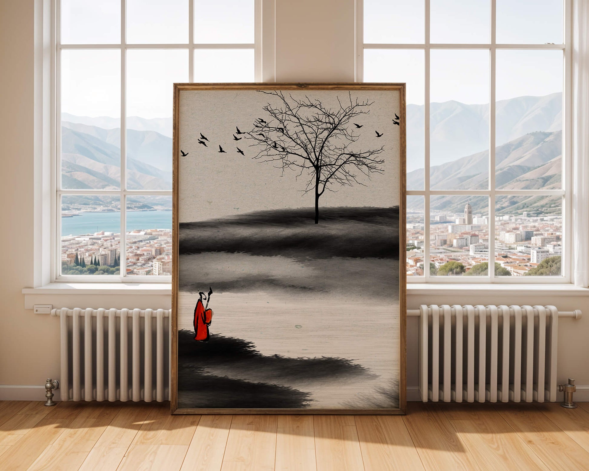 Contemplative Monk with Birds and Bare Tree in Serene Landscape
