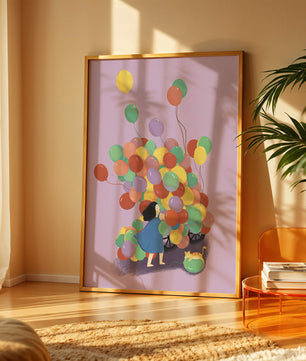 Bunte Luftballons mit einem Kind und einer Katze auf violettem Hintergrund