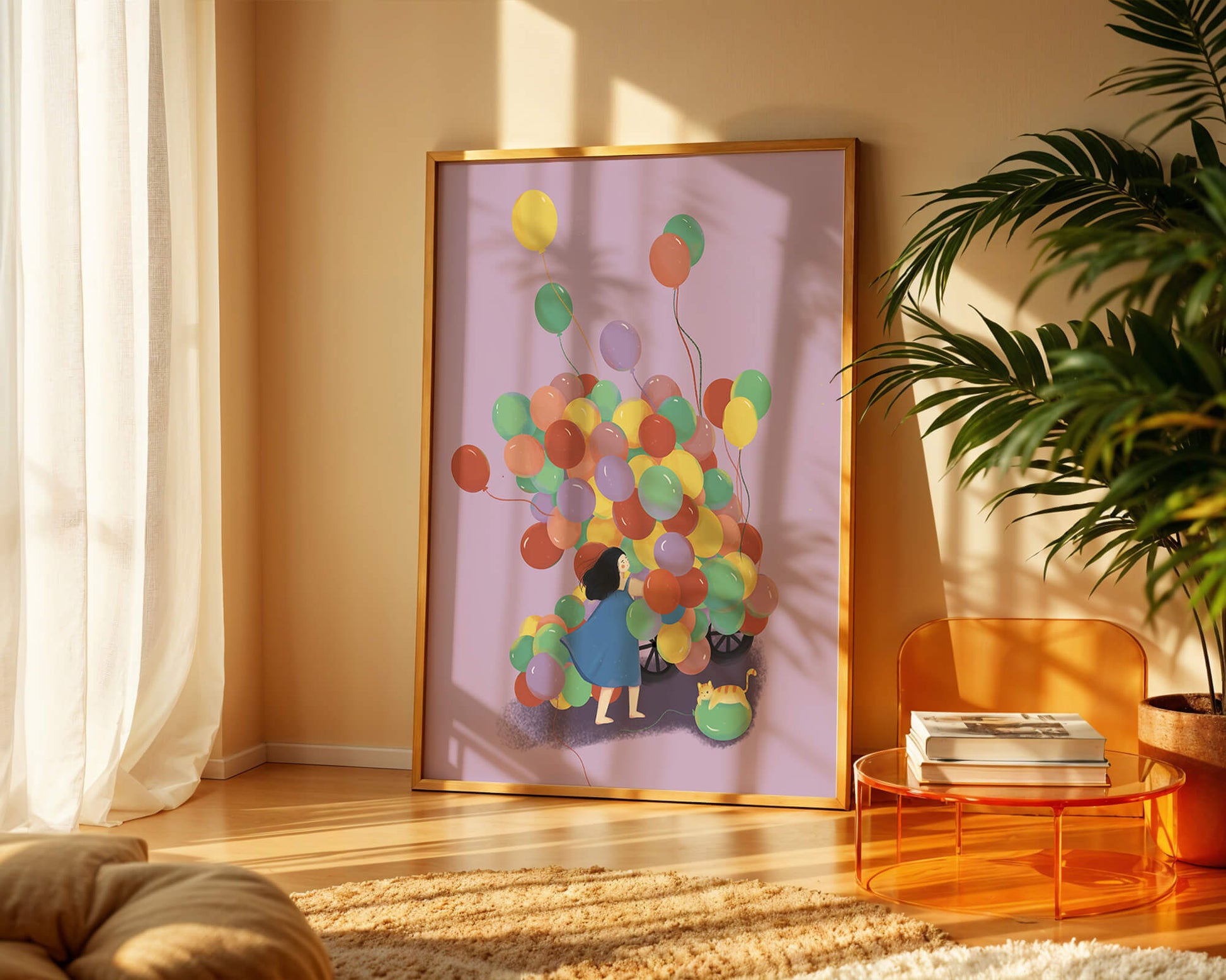 Bunte Luftballons mit einem Kind und einer Katze auf violettem Hintergrund