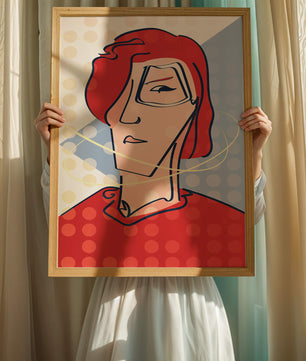 Abstract portrait with red hair and dotted background
