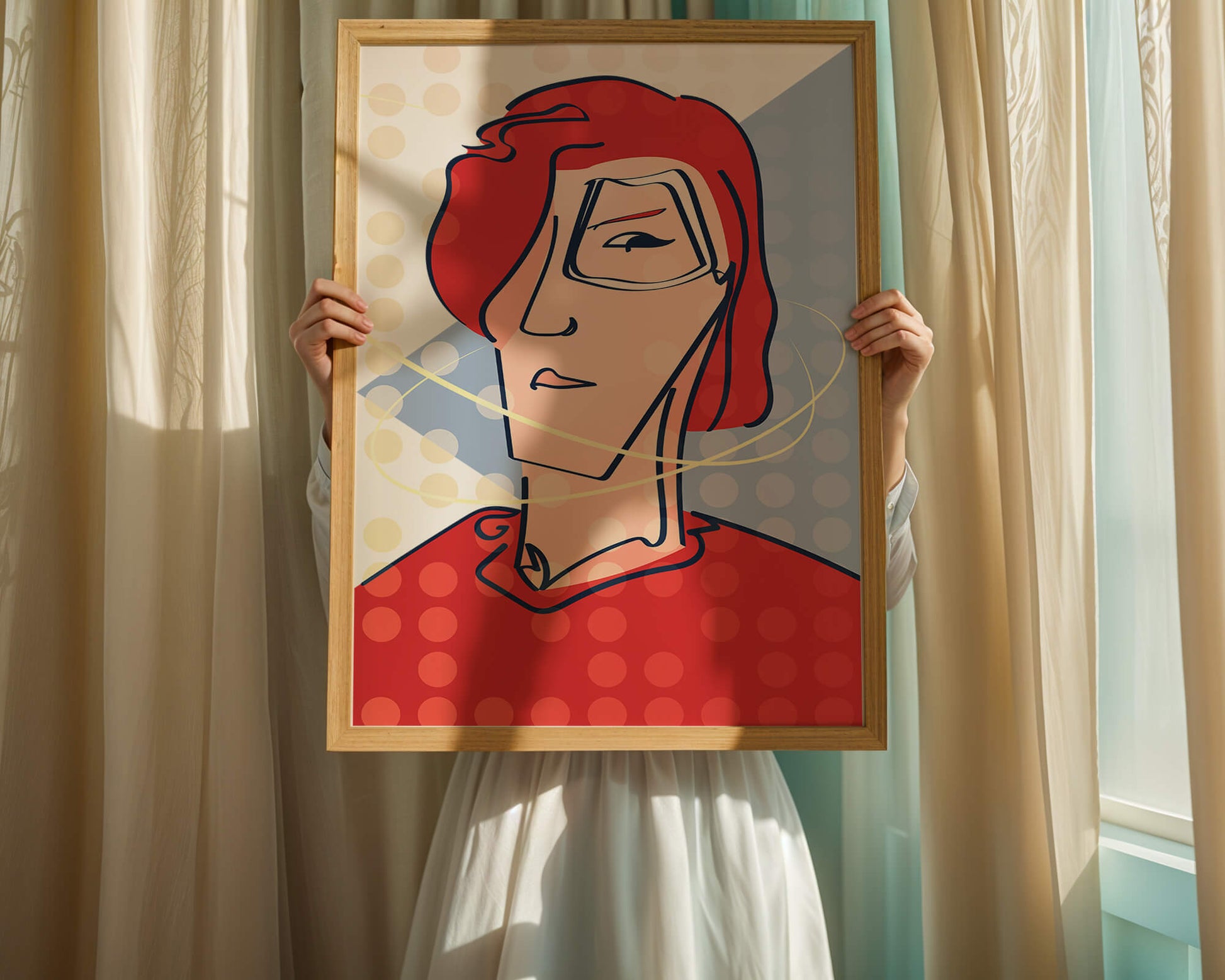 Retrato abstracto con cabello rojo y fondo punteado