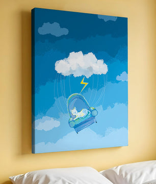 Gato soñador en un sillón flotante en un cielo nublado surrealista