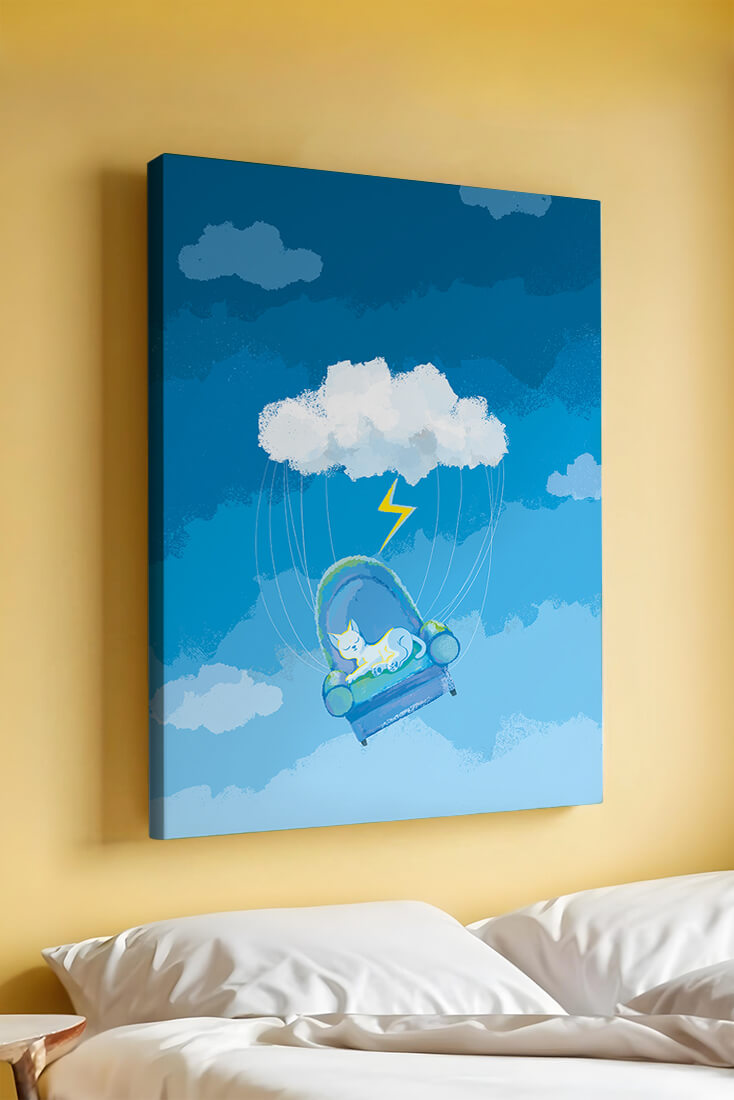 Dreamy Cat on a Floating Armchair in a Surreal Cloudy Sky