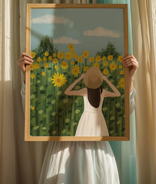 Mujer con vestido blanco admirando un campo de girasoles