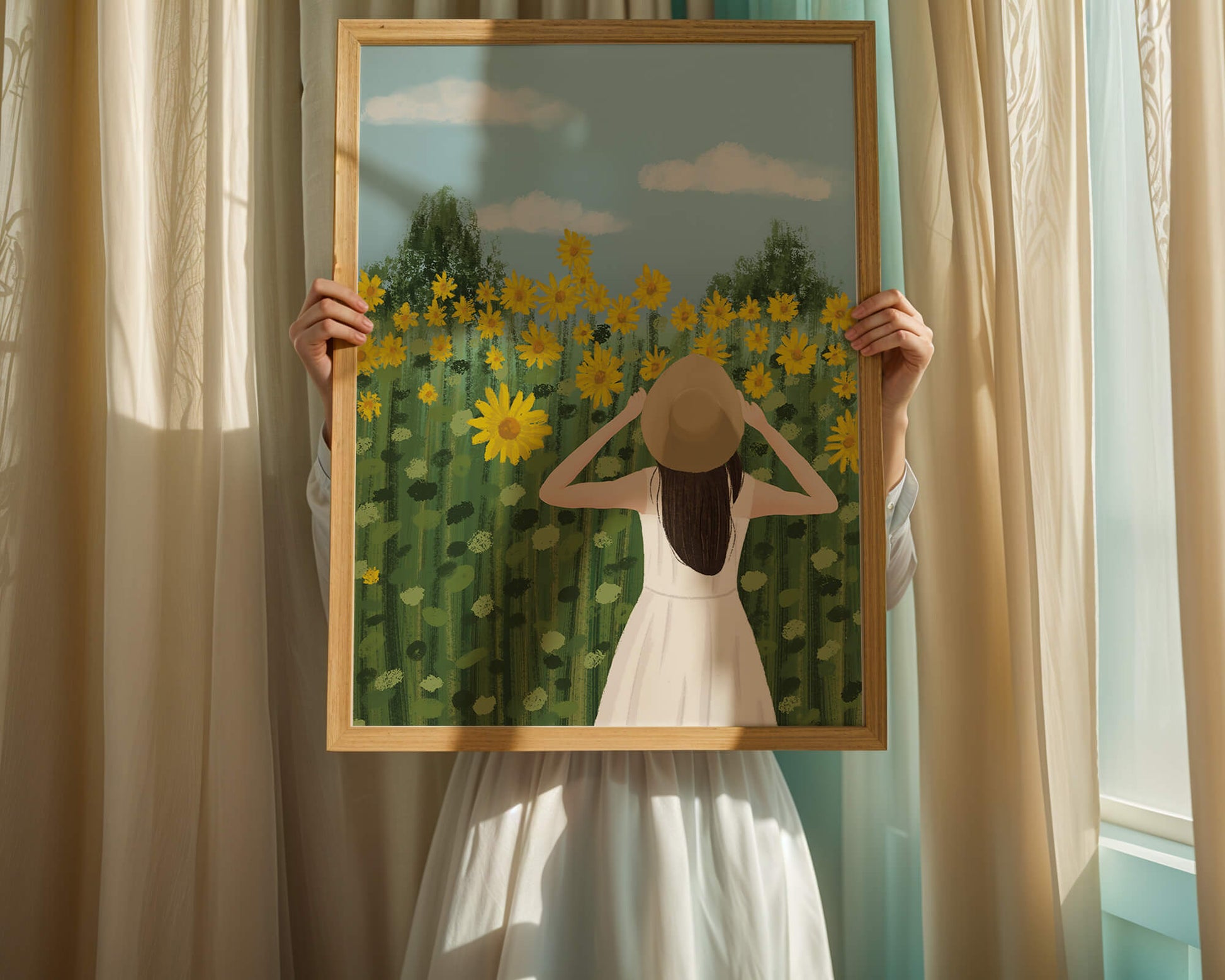 Mujer con vestido blanco admirando un campo de girasoles