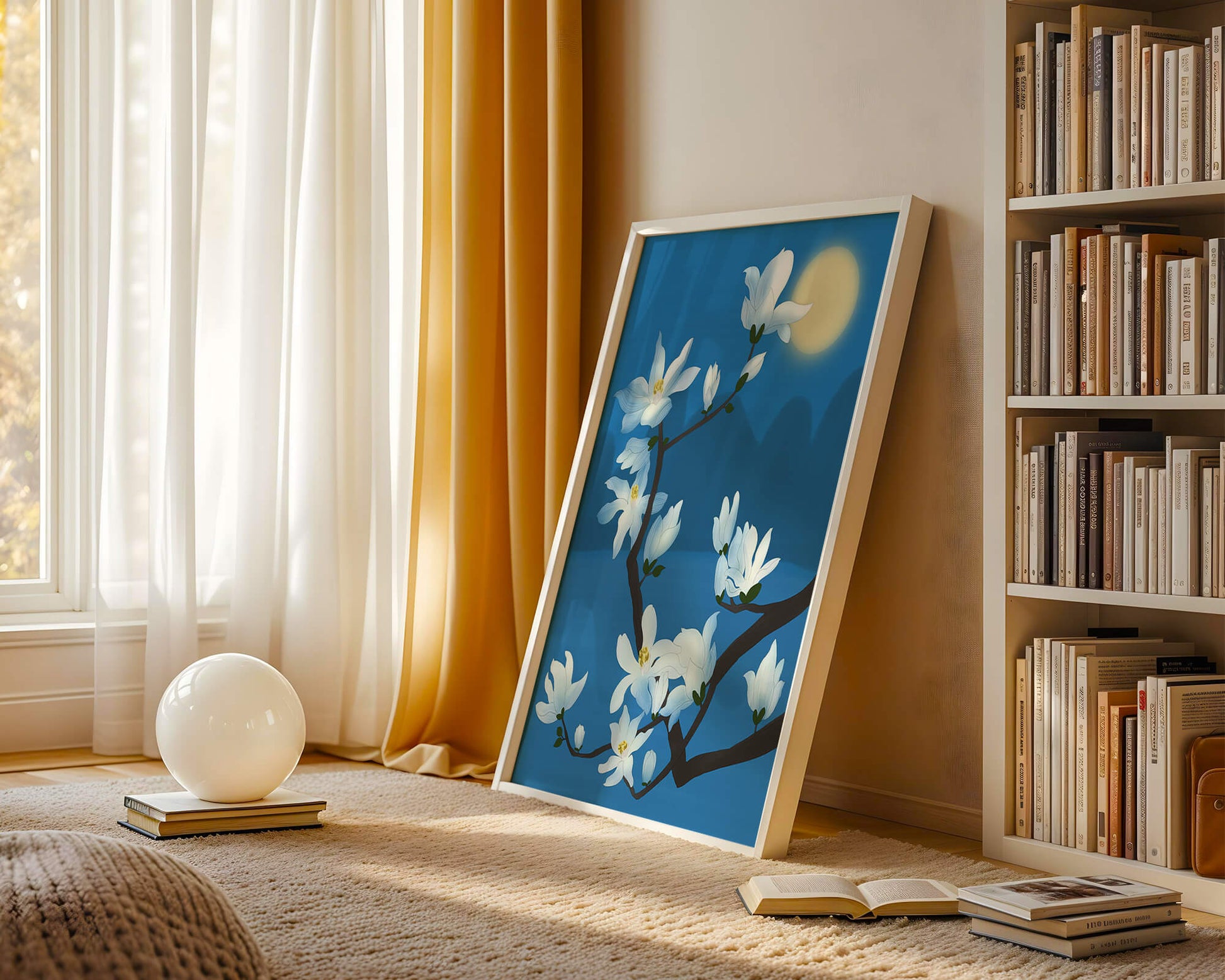 White magnolia branch under moonlight with blue background