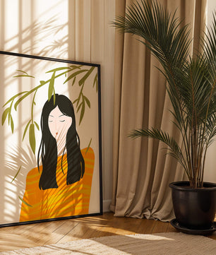 Illustration d'une femme en pull orange avec un fond de feuillage