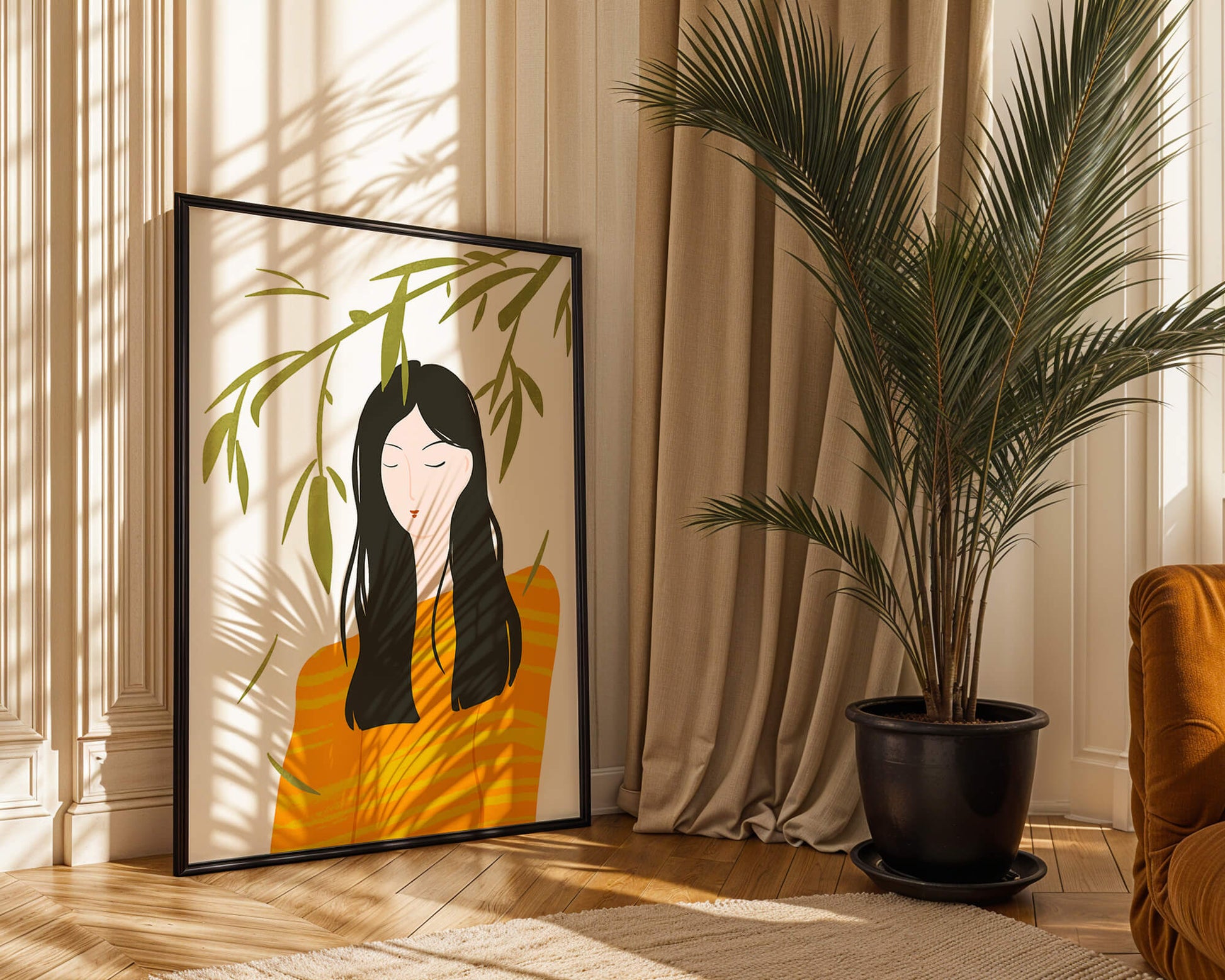 Woman in orange sweater with foliage backdrop illustration