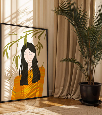 Woman in orange sweater with foliage backdrop illustration
