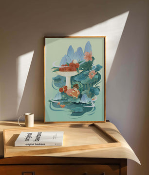 Whimsical illustration with girl, lychee, and lotus flowers