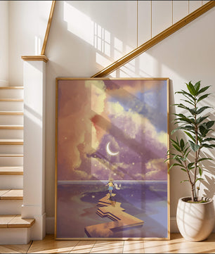 Whimsical journey on a dreamlike path beneath colorful clouds