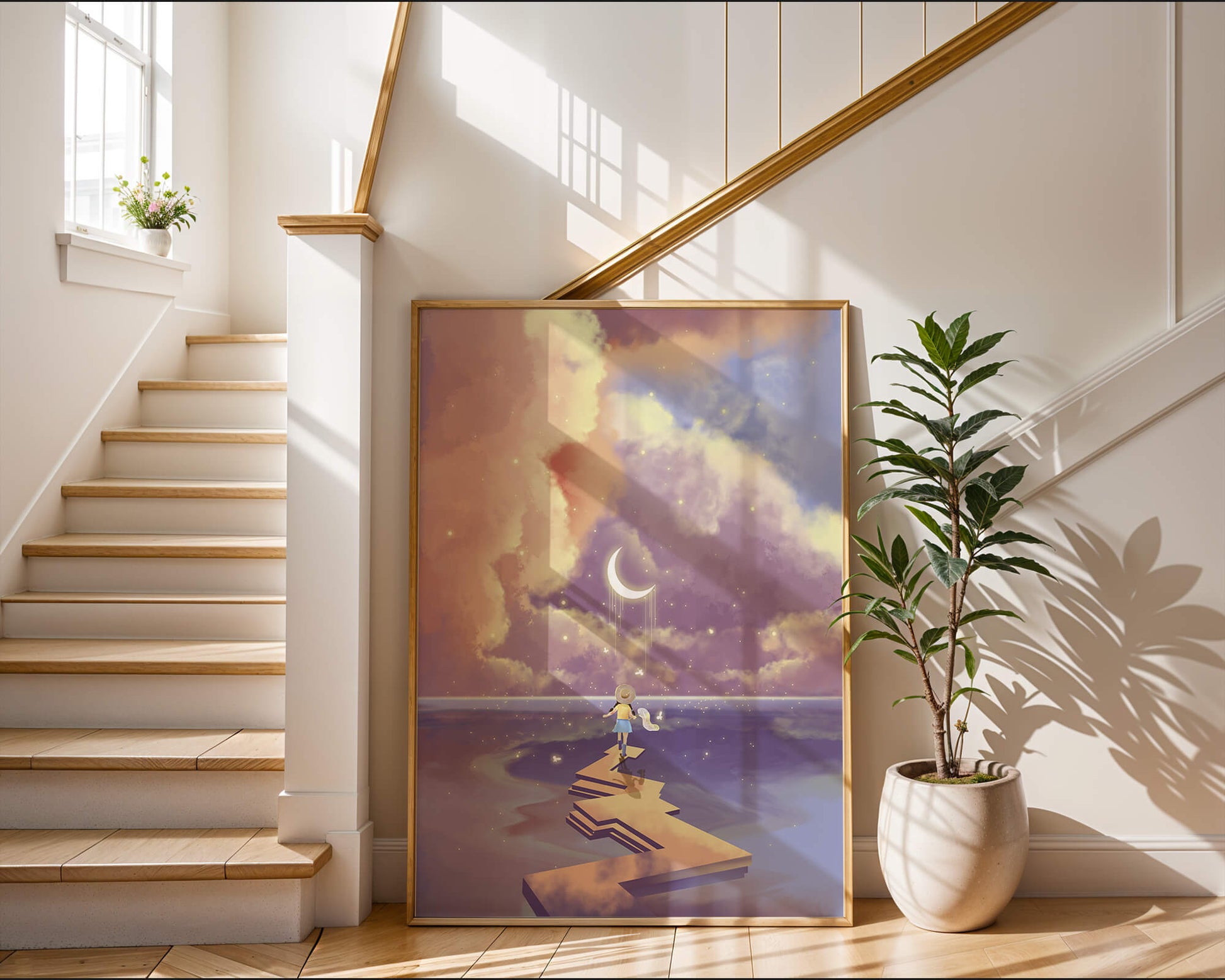Whimsical journey on a dreamlike path beneath colorful clouds