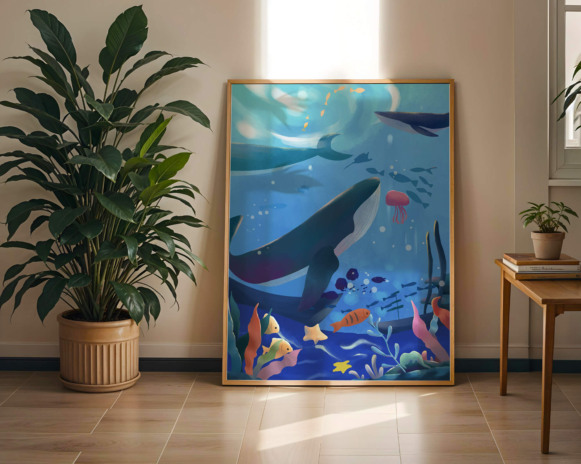 Underwater scene with whales, fish, and coral reef