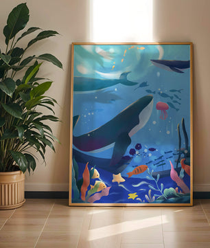Escena submarina con ballenas, peces y arrecife de coral