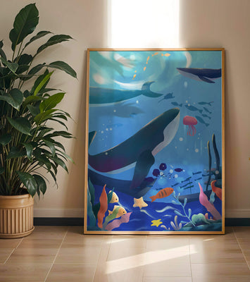 Underwater scene with whales, fish, and coral reef