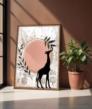 Von der Natur inspiriertes Kunstwerk mit Giraffensilhouette und botanischen Elementen