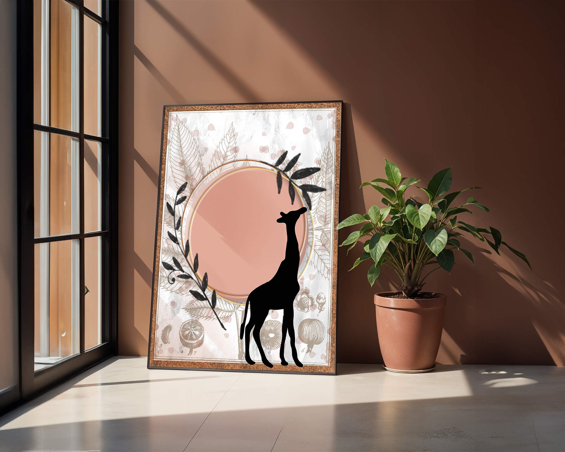 Nature-inspired artwork with giraffe silhouette and botanical elements