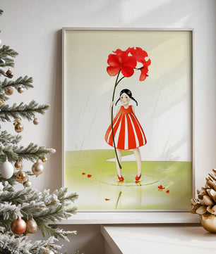Young girl holding large red flower standing in puddle illustration